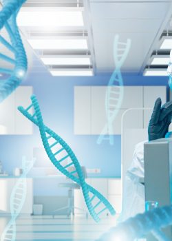 Scientist in protective suit examines DNA through microscope in high-tech laboratory. Concept: genetic research, biotechnology, molecular biology.