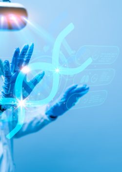 A doctor wearing a white lab coat is using a virtual reality headset to view a 3D image of a cell, CRISPR-Cas9, DNA